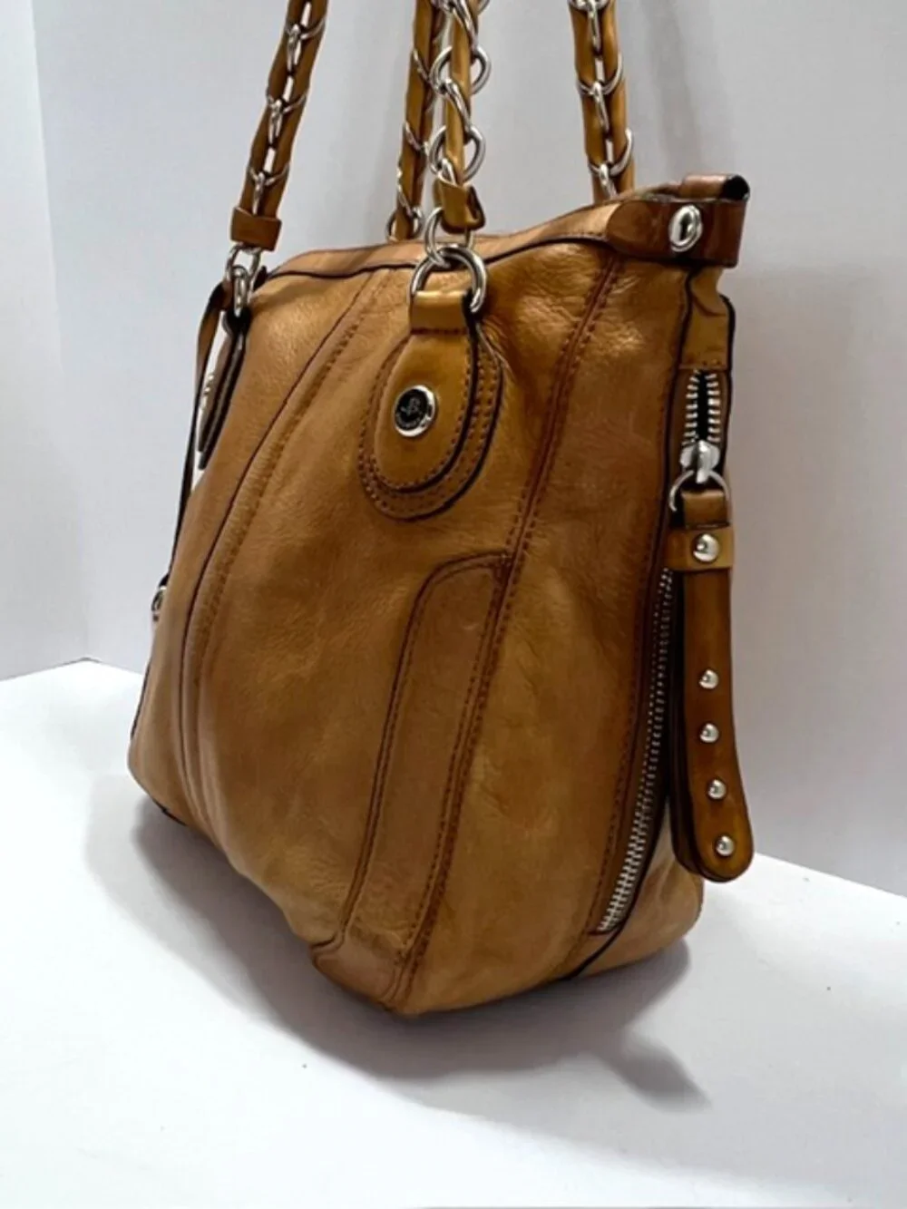 B. Makowsky Leather Hobo Shoulder Bag Chain Strap Multi Zip Pockets Camel w/CoA - Picture 5 of 16